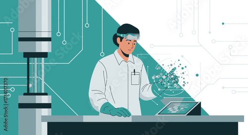 Illustration of a futuristic laboratory with a scientist conducting research work