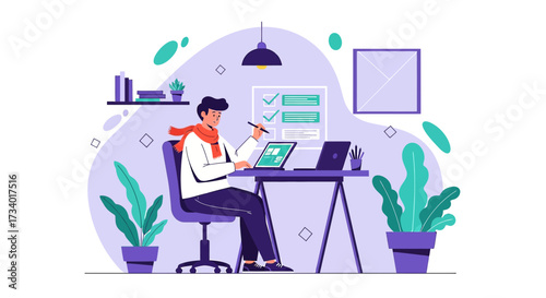Illustration of a graphic designer working from home with a laptop and tablet at a desk