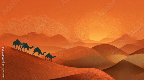 Silhouette caravan of camels and riders crossing desert horizon under massive glowing orange sun at sunset background.