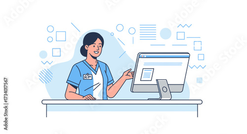 Illustration of a healthcare worker interacting with a computer system interface at work