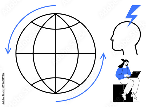 Globe with arrows signifying global connectivity, human head with lightning for innovation, and person on a laptop reflecting digital work. Ideal for innovation, technology, global collaboration