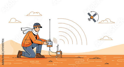 Illustration of a man connecting to satellite communication system for exploration