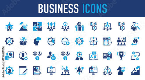 Set of Business vector icon. Target, Situation, Seminar, Loan, Track, Market, Trophy, Assistant, Hours, Team, Harmony, Group, Orgnisation, Supporter, New, Chart,  Spokeswomen, Share illustration. 