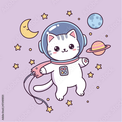 Cute cartoon cat astronaut in space surrounded by stars and planets vector illustration for childrens designs