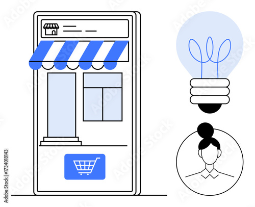 Stylized mobile storefront with awning and cart button. Includes profile icon and light bulb. Ideal for e-commerce, small business, innovation, entrepreneurship, digital marketing, creativity, simple