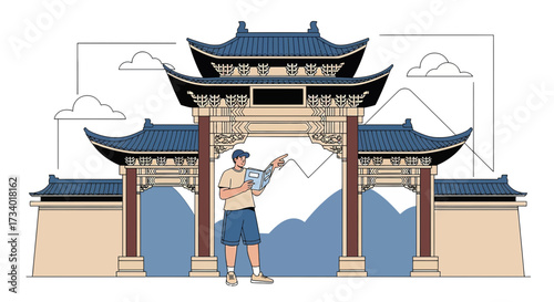 Illustration of a Man Exploring a Traditional Chinese Gate with Architectural Details and Serene