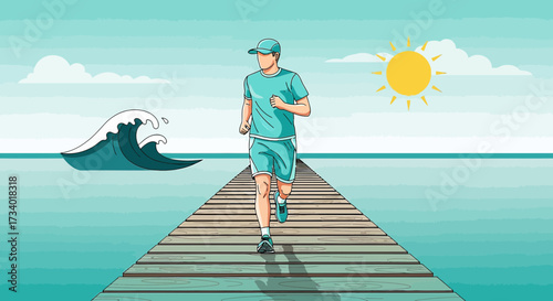 Illustration of a man jogging on a wooden pier towards the sun with a wave near the sea