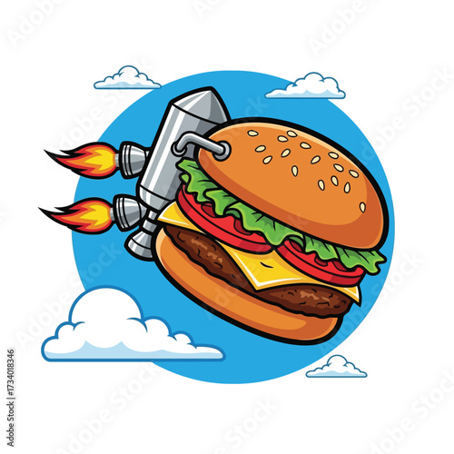 Vector illustration of a cartoon hamburger with a rocket engine attached, flying through the sky with clouds and a blue circle background