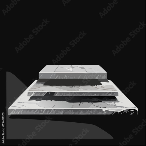 Rough stone slabs isolated on black, marble counter concrete shelves, grunge texture blocks object placement