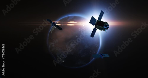 Military satellites orbiting globe with visible solar panels. Technology and space related 3d animation.