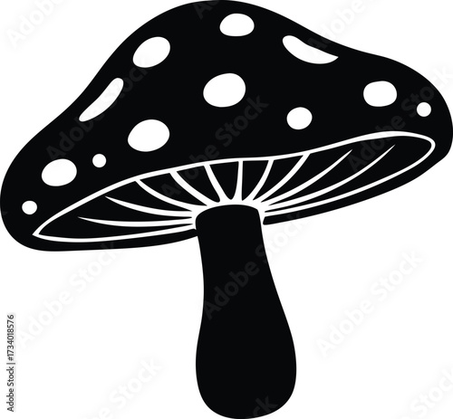 Stylized black and white illustration of a large mushroom surrounded by smaller fungi