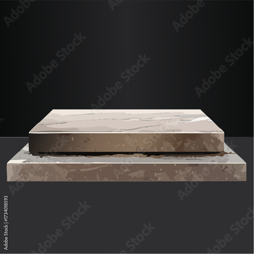 Rough stone slabs isolated on black, marble counter concrete shelves, grunge texture blocks object placement