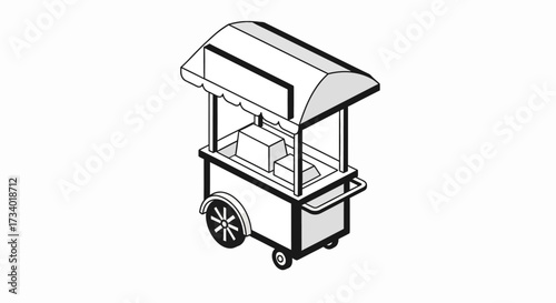 Illustration of a food cart with a canopy and wheels.