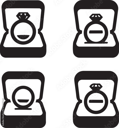 Romantic ring box vector icons, black wedding ring symbols, isolated editable design, minimal proposal icons, modern engagement illustration, flat bold shapes, marriage buyer focused