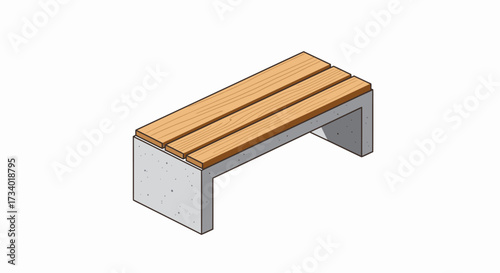 Isometric view of a bench with wooden slats and concrete base.
