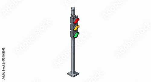 Isometric view of a traffic light with red, yellow, and green lights illuminated.