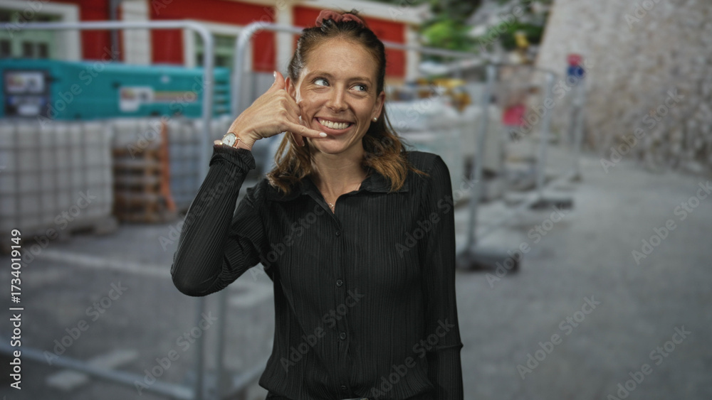 Fototapeta premium Woman points finger to camera at building construction site showing call me hand gesture and smile; playful challenge.