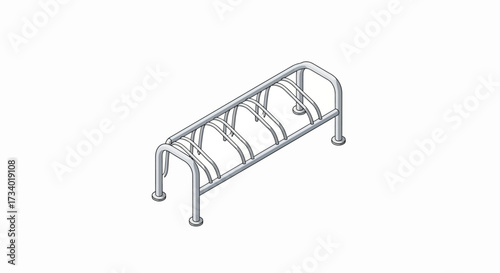Isometric view of a metal bike rack with multiple slots for parking bicycles.