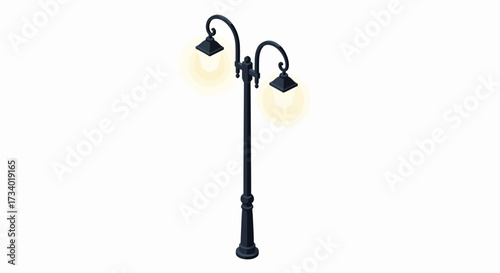 Isometric illustration of a black street lamp with two glowing lights.