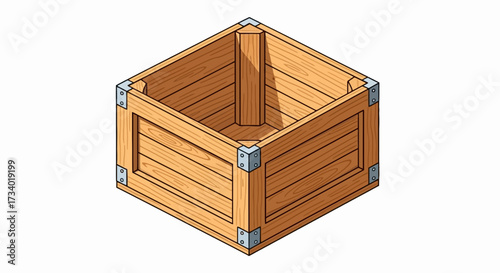 Isometric illustration of a wooden crate with metal corner brackets.