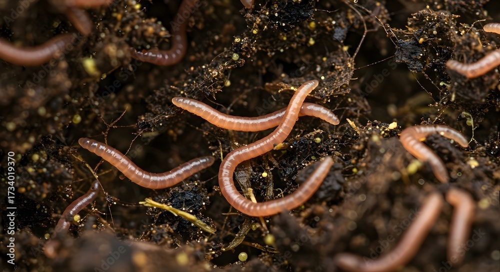 Fototapeta premium A close-up of worms wriggling in compost, showcasing rich organic material and soil particles, highlighting decomposition and soil health.