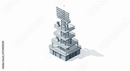 Isometric radar tower with multiple levels and a large antenna array.