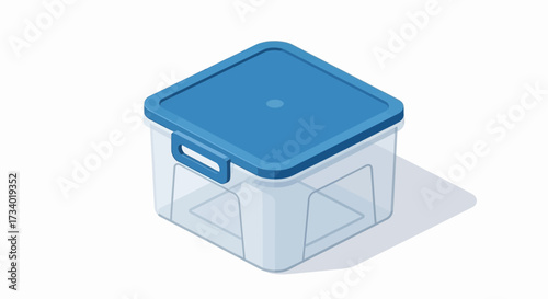Isometric illustration of a clear plastic storage container with a blue lid.