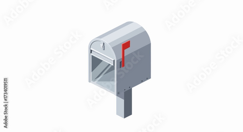 Isometric mailbox with red flag up on white background.