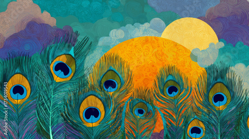 Decorative peacock feathers with golden sun and abstract swirling sky clouds in vibrant colorful vector presentation background.