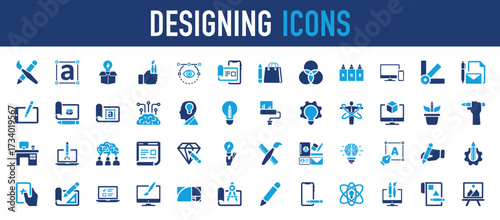 Set of Designing icon. Writing, Edit, Web, Poster, Data, Art , Draw, Insporation, Favorite, Profile, Monitor, Technology, Paint, Text Form, Box, Tool, Eye, Mobile, Stationary, Drawing illustration. 