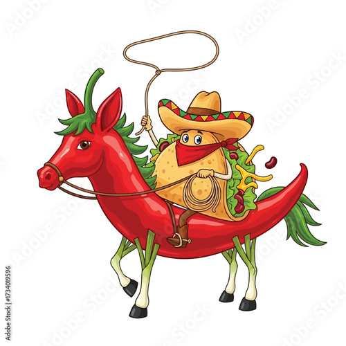Vector illustration of funny cartoon taco wearing a sombrero and bandana, riding a chili pepper horse and holding a lasso