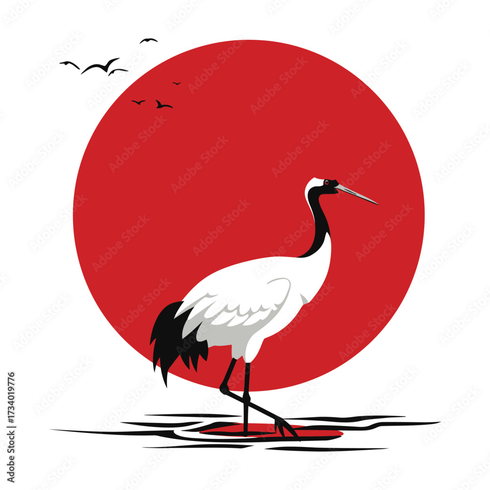 Fototapeta premium Japanese crane illustration with a red sun a minimalist vector design perfect for Asian-themed projects and cultural presentations