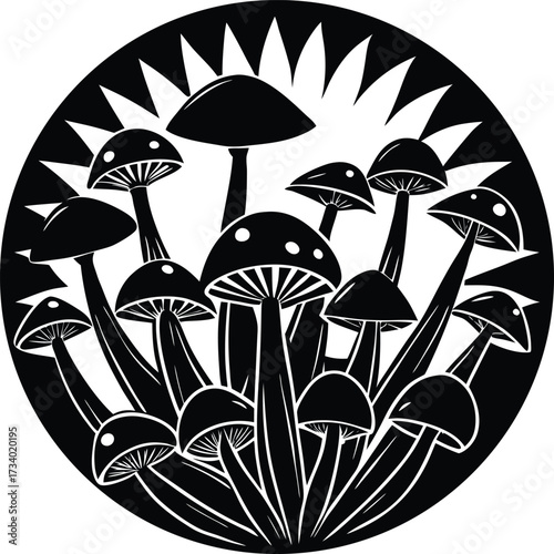 Two stylized black and white mushrooms with detailed gills and stems