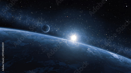Stunning earth horizon with glowing sunrise, moon orbit and starlit galaxy sky for futuristic astronomy and cosmic presentation vector.