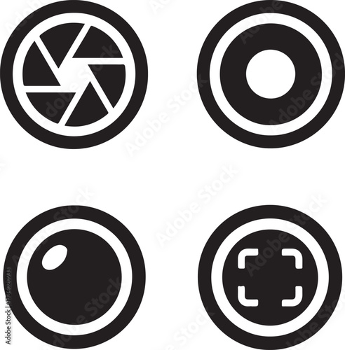 Camera lens vector icons, black camera lens symbols, isolated editable design, minimal photography icons, modern camera illustration, flat bold shapes, buyer focused design