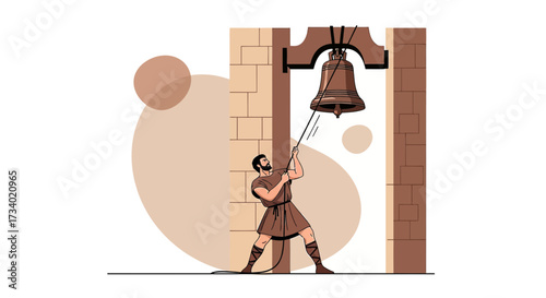 Illustration of a man ringing a large church bell in a classic medieval setting