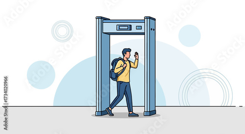 Illustration of a man passing through a metal detector with a backpack and waving