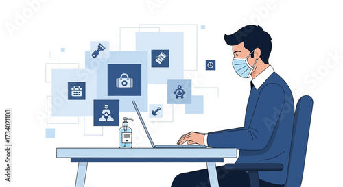 Illustration of a man working from home wearing a mask and using hand sanitizer in blue tones