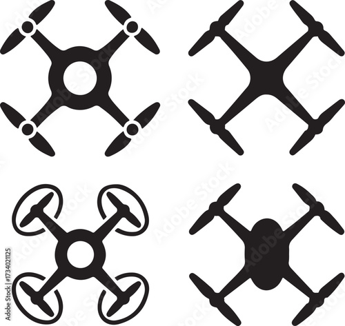 Drone vector icons, black drone symbols, isolated editable design, minimal quadcopter icons, modern drone illustration, flat bold shapes, aerial photography buyer focused