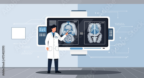Illustration of a medical professional analyzing human anatomy through advanced technology and x