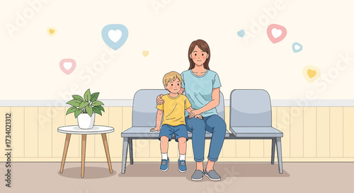 Illustration of a mother and her son sitting on chairs in a waiting room environment cartoon drawing