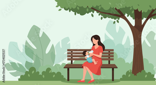 Illustration of a mother feeding her baby with a bottle in a peaceful park setting surrounded by