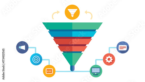 A funnel with a green top and a red bottom. The funnel is surrounded by a bunch of icons, including a computer monitor, a keyboard, and a mouse