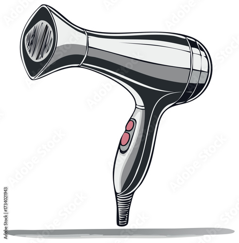 Illustration of a Silver and Grey Hair Dryer with Red Buttons for Styling and Personal Care