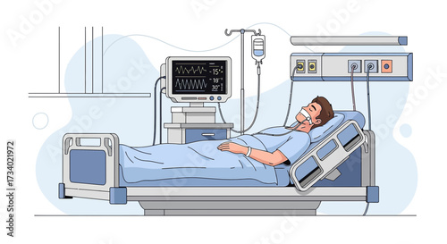 Illustration of a patient in a hospital bed receiving medical care and monitoring equipment is a