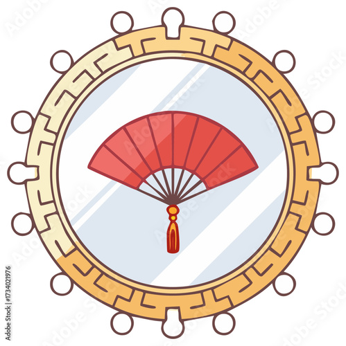 Asian Fan Icon Gold Frame, Asian Decoration, Traditional Ornament