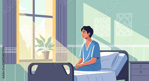 Illustration of a patient sitting on a hospital bed contemplating recovery in a bright room