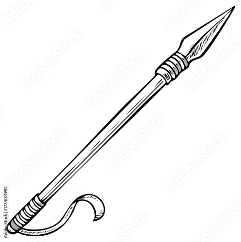 Hand drawn sketch of an ancient tribal spear. Black and white vector illustration of a primitive hunting weapon.