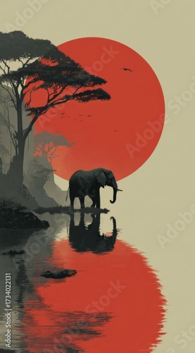 Silhouetted elephant standing by a serene river at sunset in a tranquil landscape scene showcasing nature's beauty
