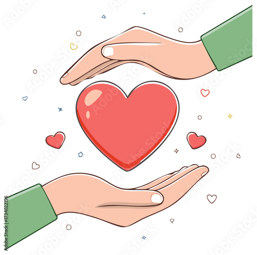 Caring hands supporting and protecting a big red heart representing love and health concepts